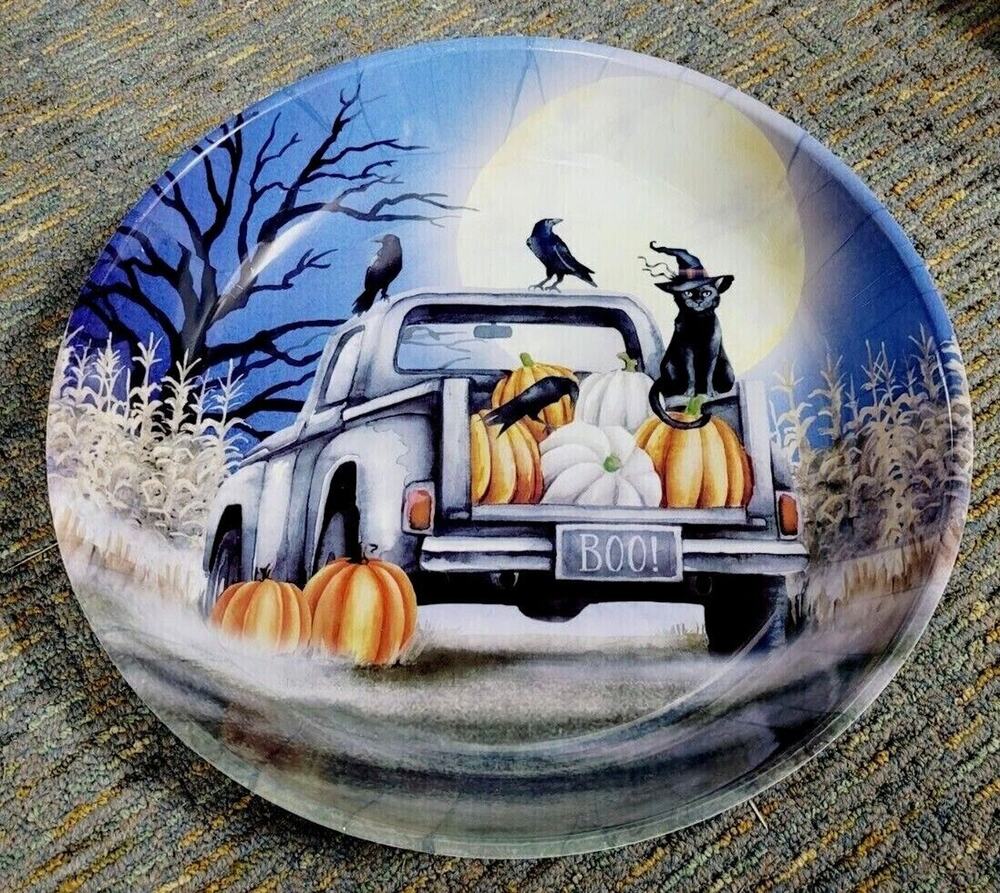 NEW HALLOWEEN MELAMINE CANDY SERVING BOWL 13.75" White Truck Cat Pumpkin Crow